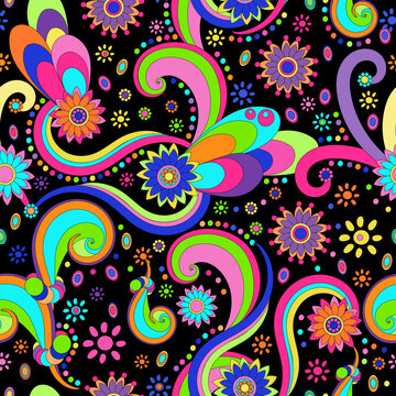 Psychedelic seamless pattern ornamental. Decorative elements, spirals, flowers. Groovy. Prints, packaging design, textiles, bedding and wallpaper.