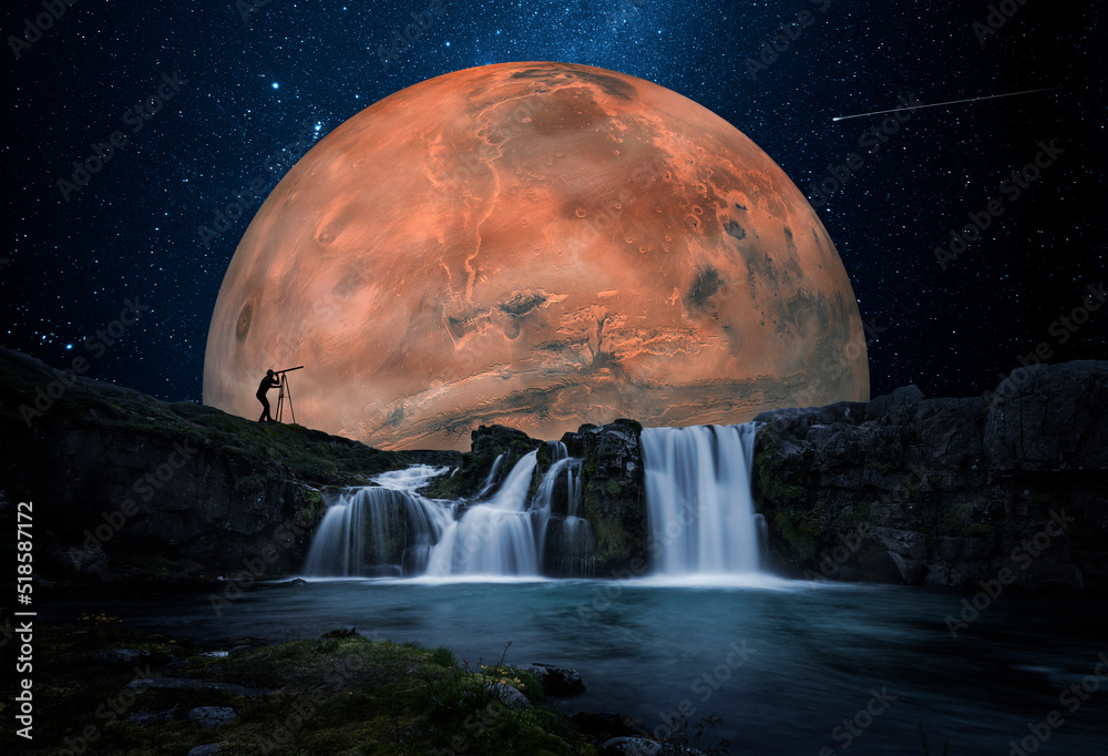 Canvas Prints landscape with waterfall and man observing the planet mars