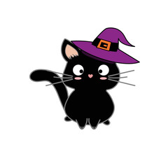 Cute Halloween kawaii black cat with big eyes and funny face in witch hat in cartoon style. Character for kids greeting card holiday accessories stickers
