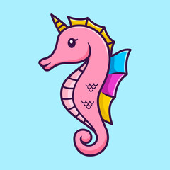 Vector Illustration of Cute Sea Horse as a Unicorn Mode with Pink an colorful in Cartoon Flat Style