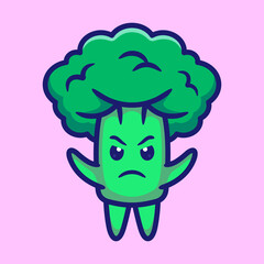 Vector Illustration of Cute Broccoli with Angry Face and Green Color in Cartoon Flat Style