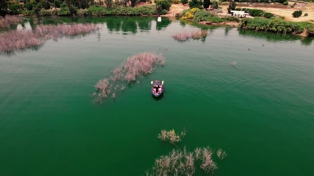 Fast Boad Sails In The Kinneret Lake In Israel Amazing Drone Shot View 4K