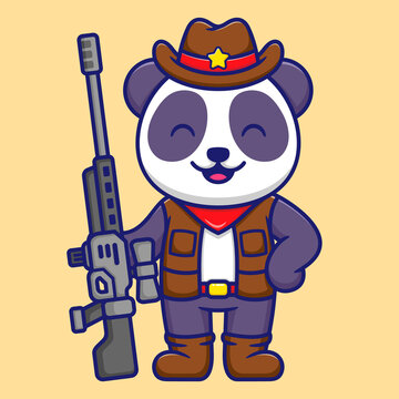 Vector Illustration of Cute Panda as a Cowboy Holding Sniper Weapon in Cartoon Flat Style