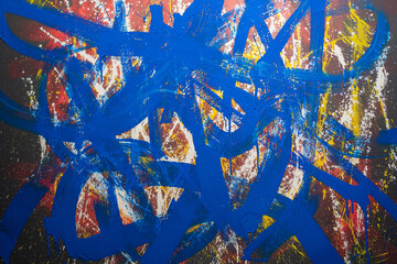 Hand drawn oil paintings. Abstract art background. Oil painting on canvas. Color texture. Fragment of artwork. Spots of paint. Modern artwork. Predominance of blue lines