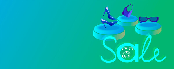 Beautiful banner for clothing sale advertising, fashion stores, online stores. Banner 50 percent off with a label and podiums with clothes.