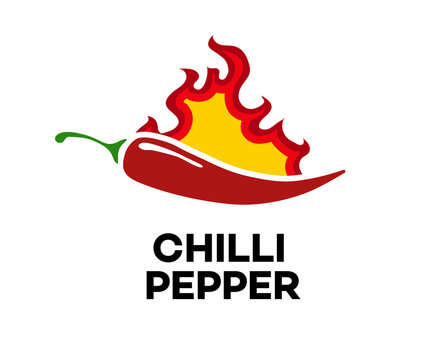 Chilli pepper vector label isolated on background for spicy food menu, hot sauce, culinary show. Pepper sauce with fire flame. Illustration 10 eps