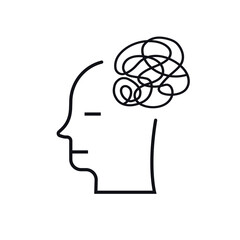 Depression in mental health man feeling problems, failures, heartbreak, worried. Tired persone icon, sad mood line style isolated on white background. 10 eps