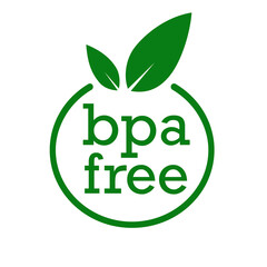 Bpa free label with leaves-no phthalates and no bisphenol A for safe food package stamp, check mark, non-toxic plastic, drinking water bottle, packaging plastic. Vector 10 eps