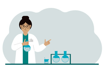 Female scientist with flasks. Experimental scientist, laboratory assistant, biochemistry, chemical, scientific research.