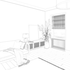 A sketch of the cozy room with a blank vertical poster, lamp, decor on the sideboard, a large spiked in a vase near a window with a bamboo curtain, pillows, and plaid on a sofa. 3d render