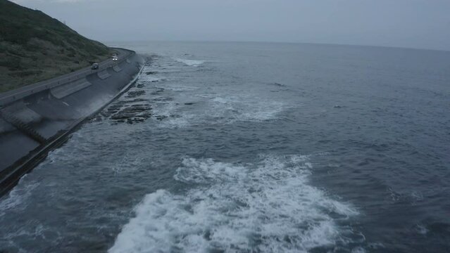 Aerial view of the long coast in Omaezaki. Road 357