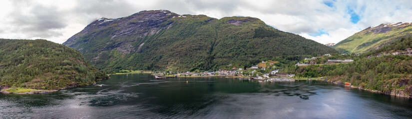 Fototapeta premium Hellesylt panorama view Møre og Romsdal at Sunnylvsfjorden near Geirangerfjorden in Norway (Norwegen, Norge or Noreg)