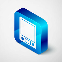 Isometric Electronic scales icon isolated on grey background. Weight measure equipment. Blue square button. Vector