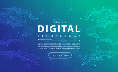 Digital technology banner blue green background concept with technology light effect, abstract tech, innovation future data, internet network, Ai big data, lines dots connection, illustration vector - obrazy, fototapety, plakaty