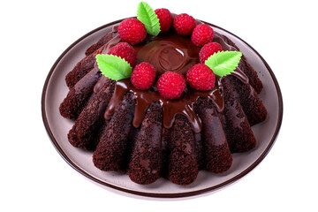 Isolated chocolate cake with fluted sides topped with glazing, raspberry and green waffle leaves on white