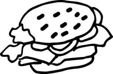 Hamburger, hand-drawn hamburger. Hand-drawn doodles illustration hamburger.
Line art hamburger.