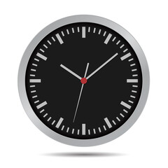 Flat design illustration of a dark wall clock. Circular clock face with minute, hour and second hand, vector