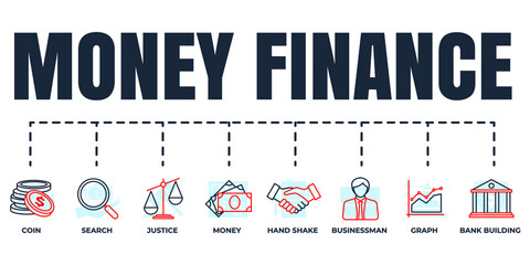 Finance banner web icon set. money, search, graph, businessman, bank building, justice, coin, hand shake vector illustration concept.