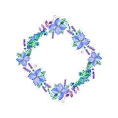 Delicate floral wreath, watercolor frame with abstract flowers, plants and leaves, isolated illustration on white background for invitation or greeting card in vintage rustic style.