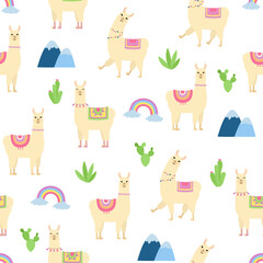 Cute llama seamless pattern. Cartoon alpaca, rainbow, cactuses and mountains on white background. 