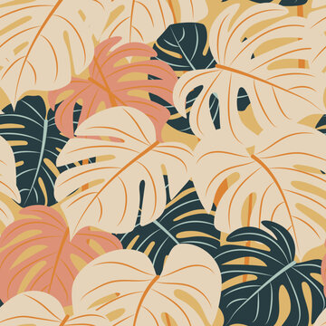 Botanical seamless pattern with monstera leaves in muted colors. Jungles background in modern simple boho style in perfect for textile, cards, scrapbooking, wrapping paper for kids and adults