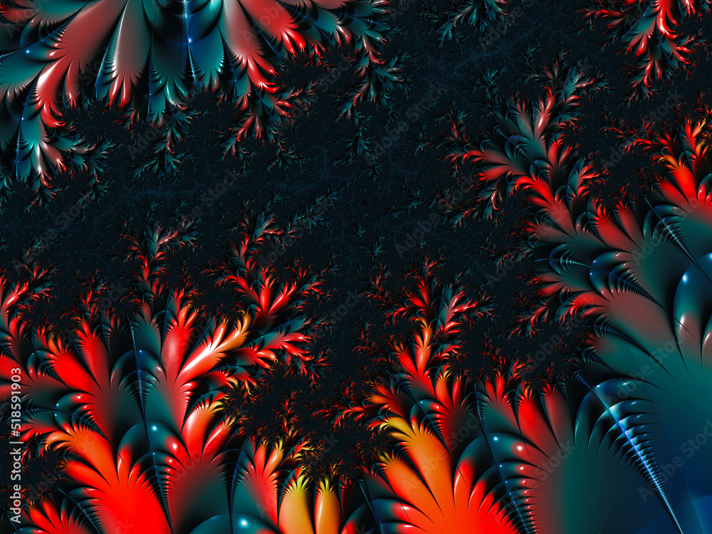 Sticker abstract red and blue floral, nature pattern on dark background. fractal backdrop with copy space fo
