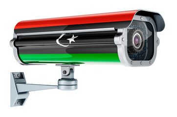 Surveillance camera with Libyan flag. 3D rendering
