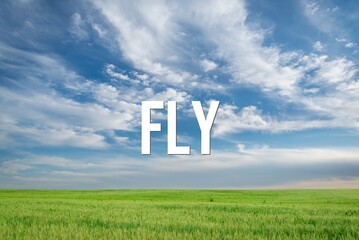 FLY - word on the background of the sky with clouds.