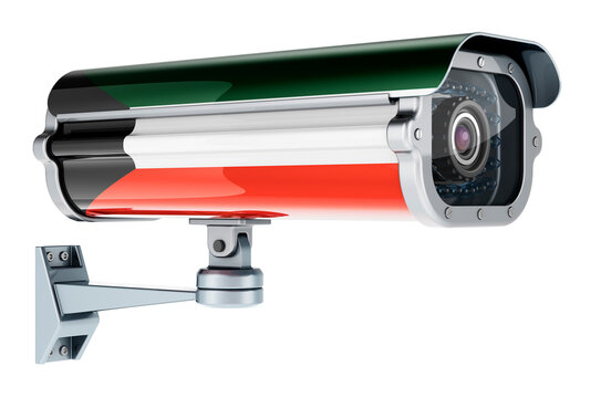 Surveillance camera with Kuwaiti flag. 3D rendering
