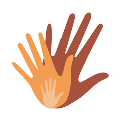 The hands of a family of parents and a child are located on a white background. Loving hands together. 