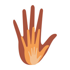 The hands of a family of parents and a child are located on a white background. Loving hands together. Vector.