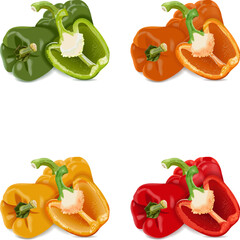 Three each red, green, yellow, and orange bell peppers for banners, flyers, posters, social media. Whole and half sweet bell peppers. Vegetables. Vector illustration isolated on white background.