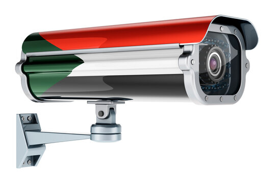 Surveillance camera with Sudanese flag. 3D rendering