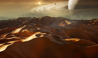 Planet and sand dunes in outer space