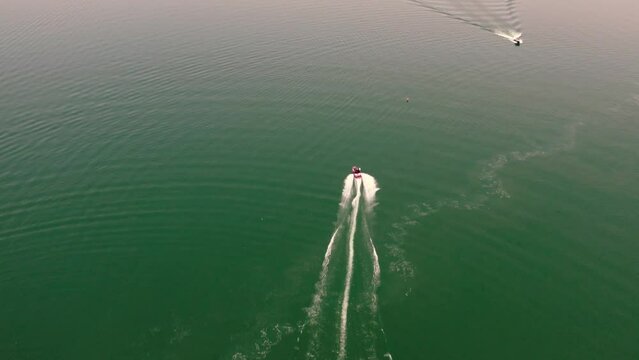 Fast Boad Sails In The Kinneret Lake In Israel Amazing Drone Shot View 4K