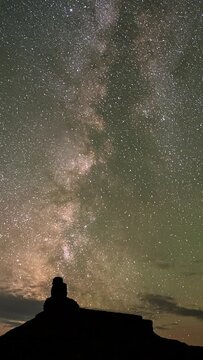 Timelapse of the milky way moving out from behind the clouds at night as the stars and galaxy move through the sky.