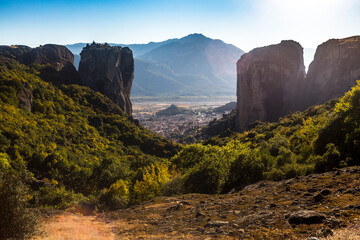 The view on Kalabaka town from miraculous monastery on rock formation, Meteora