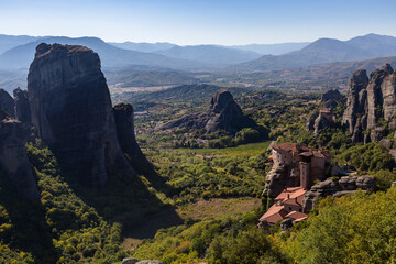 Fototapeta na wymiar The view on Kalabaka town from miraculous monastery on rock formation, Meteora, Greece