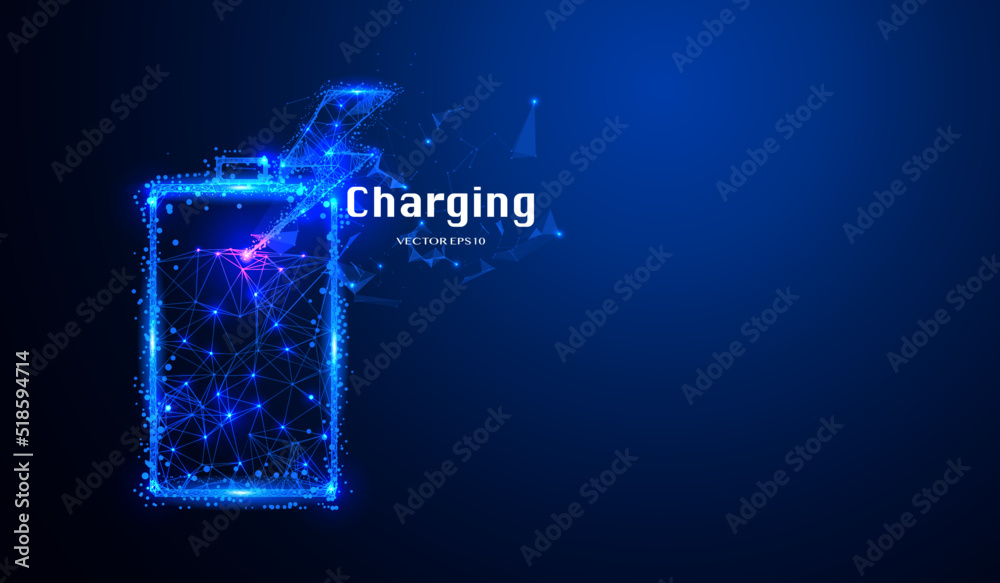 Poster abstract low poly alkaline battery charging electric vector. polygon particle and dot line connectio