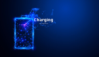Abstract low poly alkaline battery charging electric vector. Polygon particle and dot line connection with energy charge system illustration concept background.