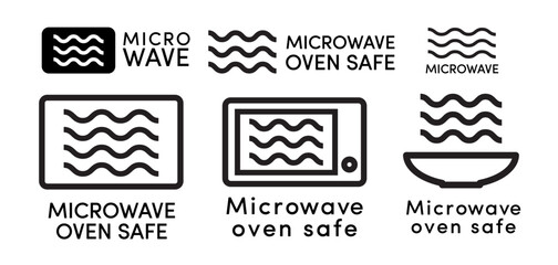 Microwave oven safe icon vector set line style with dish information sign for cooking, suitability of plastic utensils for safe heating. Vector 10 eps