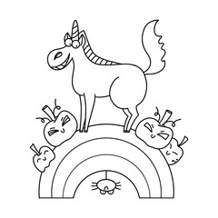 Halloween unicorn illustration for coloring page. Line animal drawing for kids.
