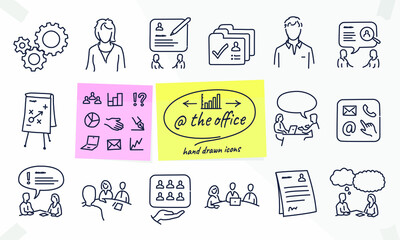 Human resources and office related vector drawings, doodles, line icons. Contains such Icons as Job interview, meetings, hiring people, strategies, Job events and more. All strokes are editable.	
