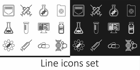 Set line Genetic engineering, Medical vial, ampoule, DNA research, search, Test tube or flask, Network port cable socket, Clinical record on monitor and Crossed syringe icon. Vector