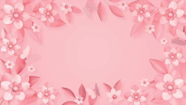 Delicate floral background with light pink flowers and butterflies on a seamless loop, 3D render