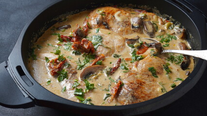 Fototapeta na wymiar Creamy Italian Tuscan Chicken with Spinach and mushrooms, and sundried tomatoes