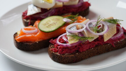 Danish open sandwich Smorrebrod on dark rye bread with herring, salmon, beetroot, red onions, and radish