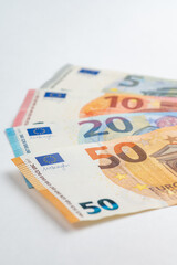 5, 10, 20, 50 euro banknotes. Money on white background