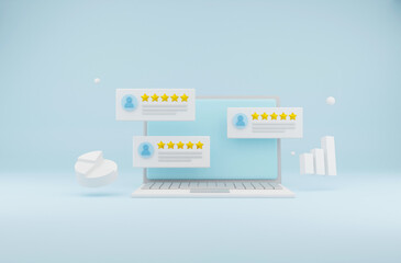 User review concept. 3d render illustration of laptop, floating review with stars and a chart of pie and bar. - obrazy, fototapety, plakaty
