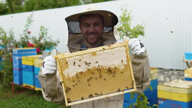 A man in a protective suit and hat holds a frame with honeycombs of bees in the garden